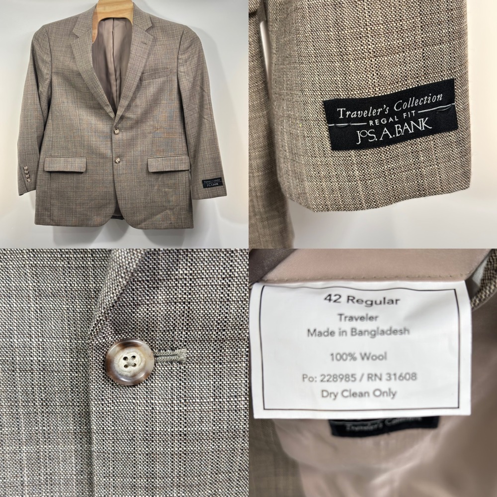 Jos A Bank Traveler Blazer 42R Wool Taupe 2 Button Executive Fit Sport Coat